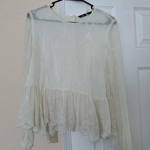 Zara peplum white lace blouse button up Sz M